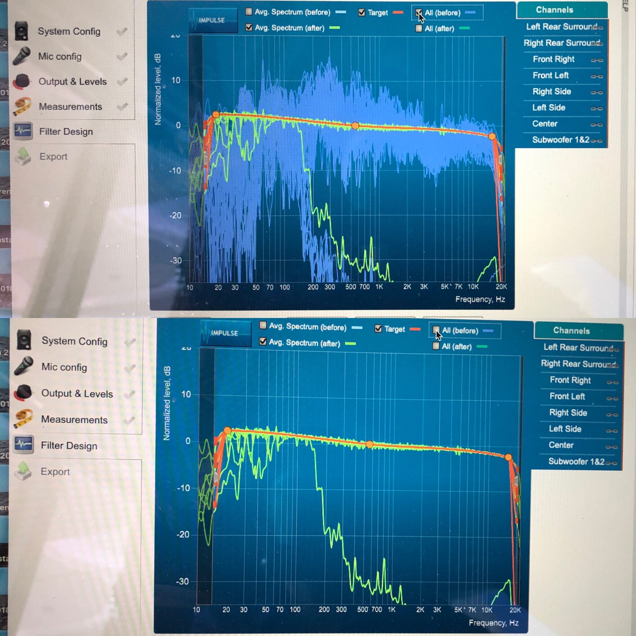Before and after room calibration frequency response