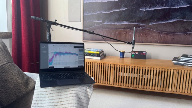 Acoustic room mapping and calibration equipment in use