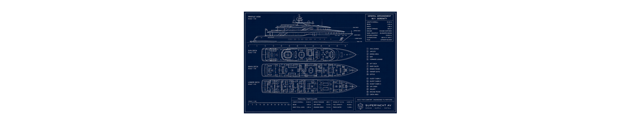 Technical side elevation drawing of a yacht